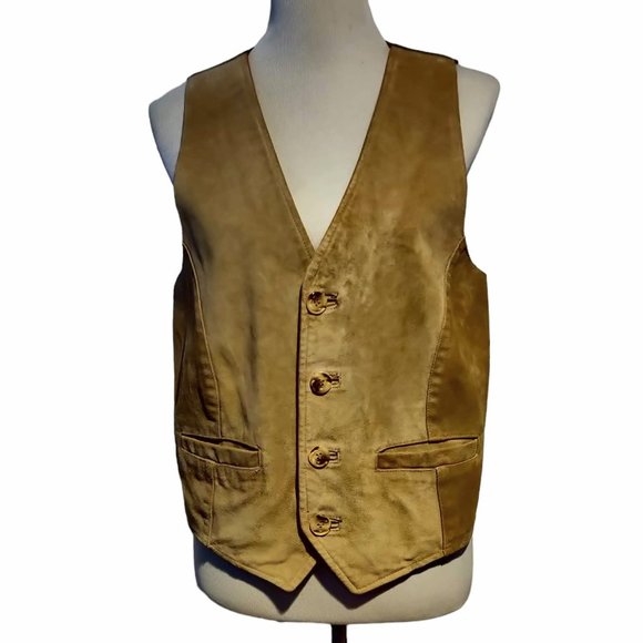 Giros Mens Tan Suede Leather? Pockets Back Cinch Belt 4 Button Made Italy Vest - Picture 1 of 6